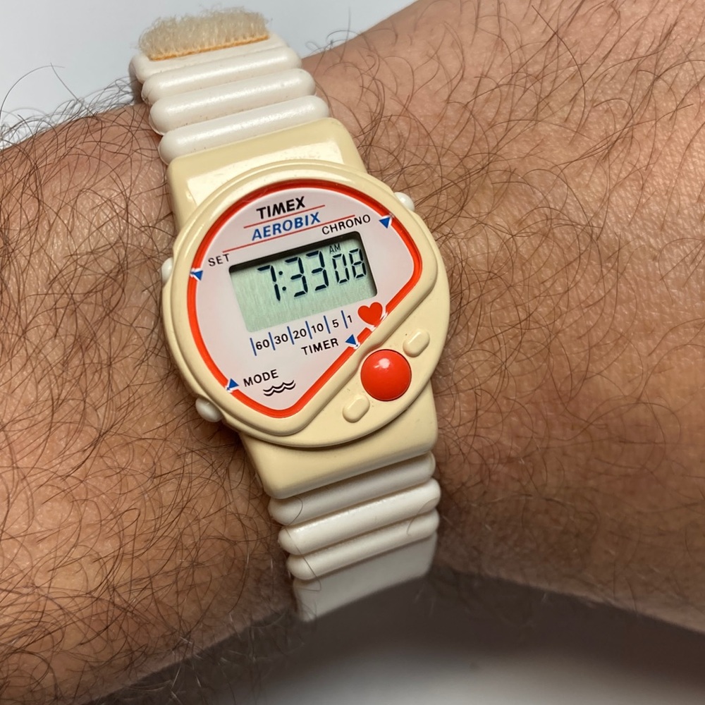 Timex Aerobix chrono vintage digital watch, new battery, velcro, rubber strap